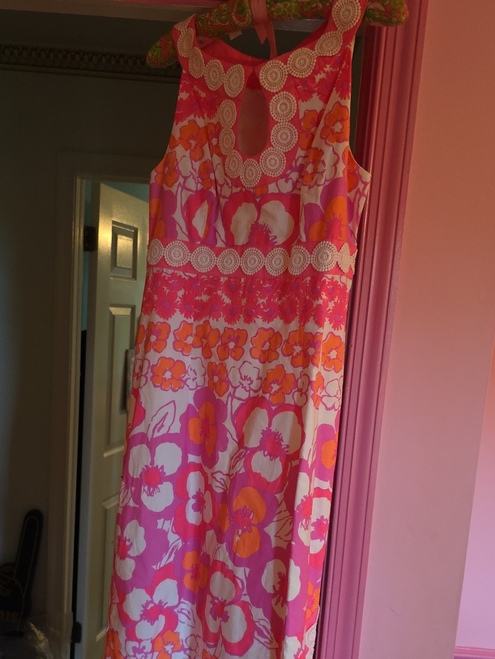 Vintage Lilly Pulitzer Pink, Floral Crochet Trim Maxi Dress- Size 4